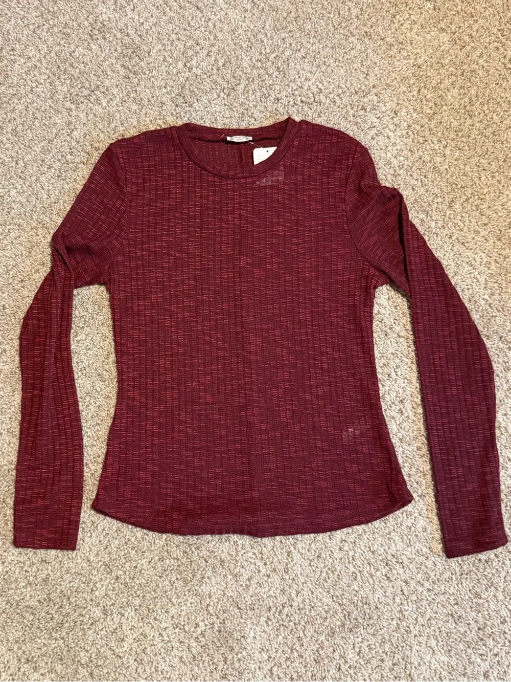 Free People Long-Sleeve Ribbed Crewneck Top - Burgundy